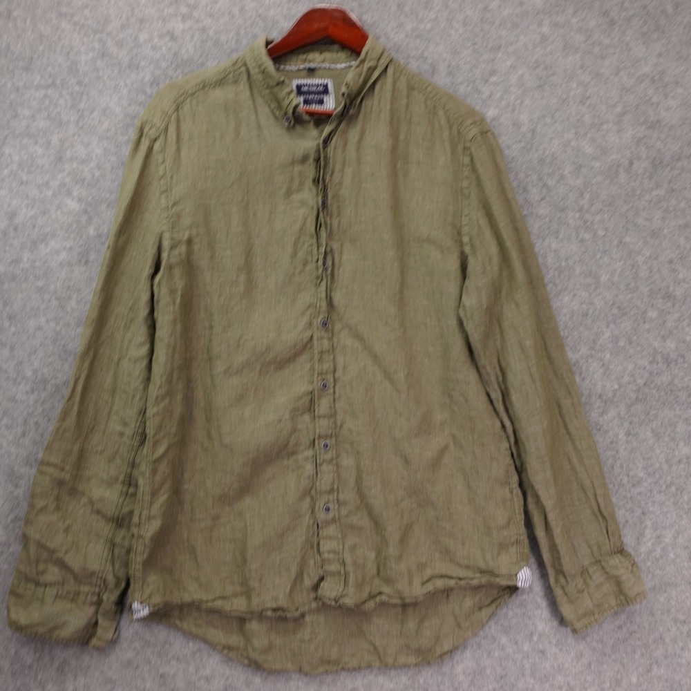 European Linen Button Down Shirt Men L Olive Summer Coastal Prep Tailored McNEAL